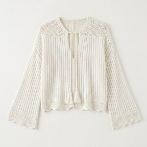 Vintage Boho Chic Pointelle Knit Sweater with Bell Sleeves